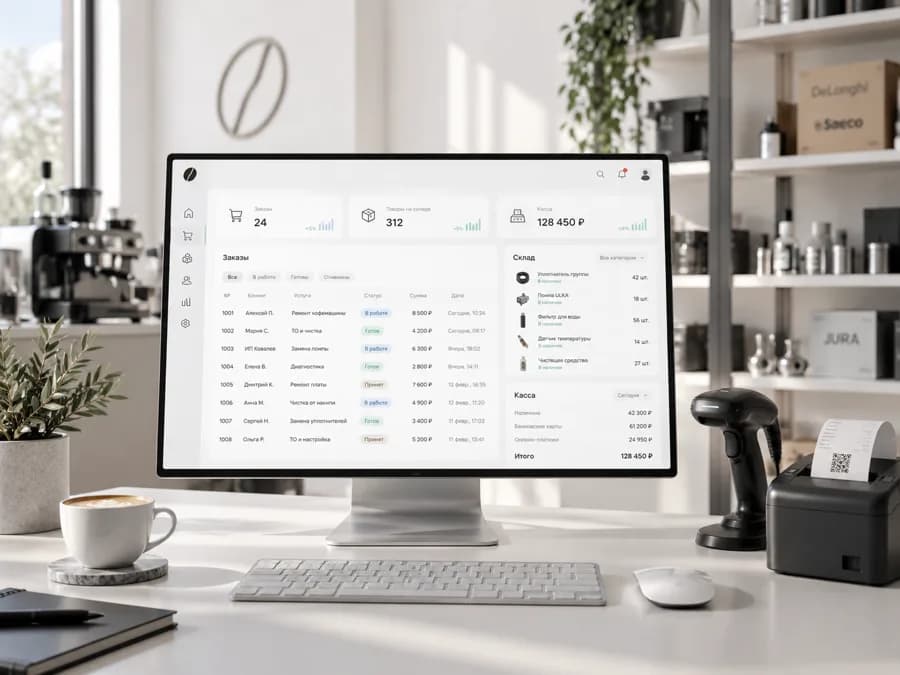 Экран CRM с заказами, складом и кассой сервисного центра