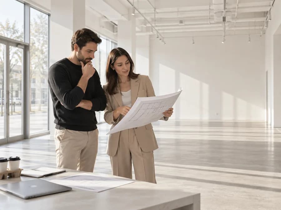 Осмотр пустого помещения с планировкой в руках
